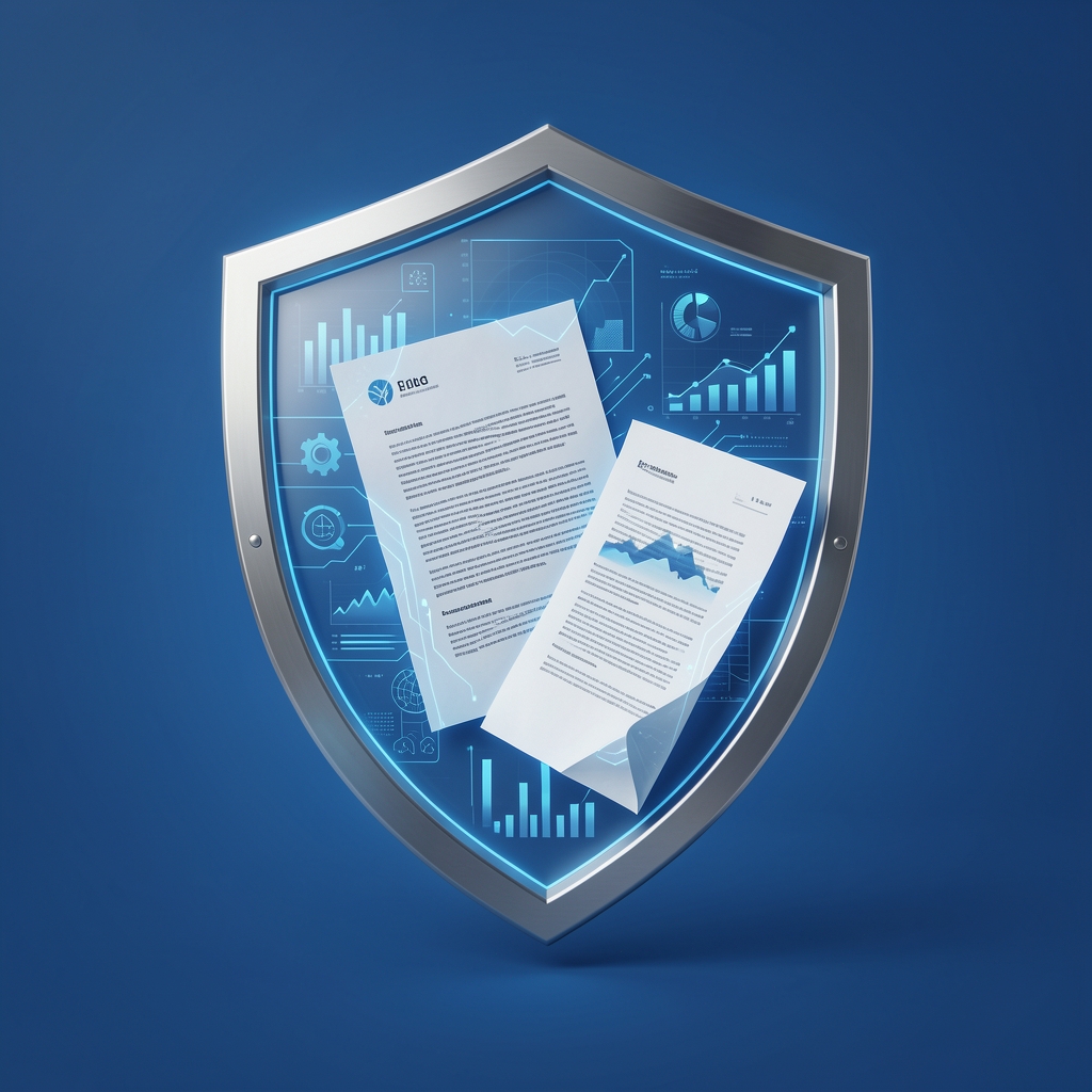 Escudo digital abstracto protegiendo un conjunto de documentos y símbolos de datos sobre fondo azul sin personas