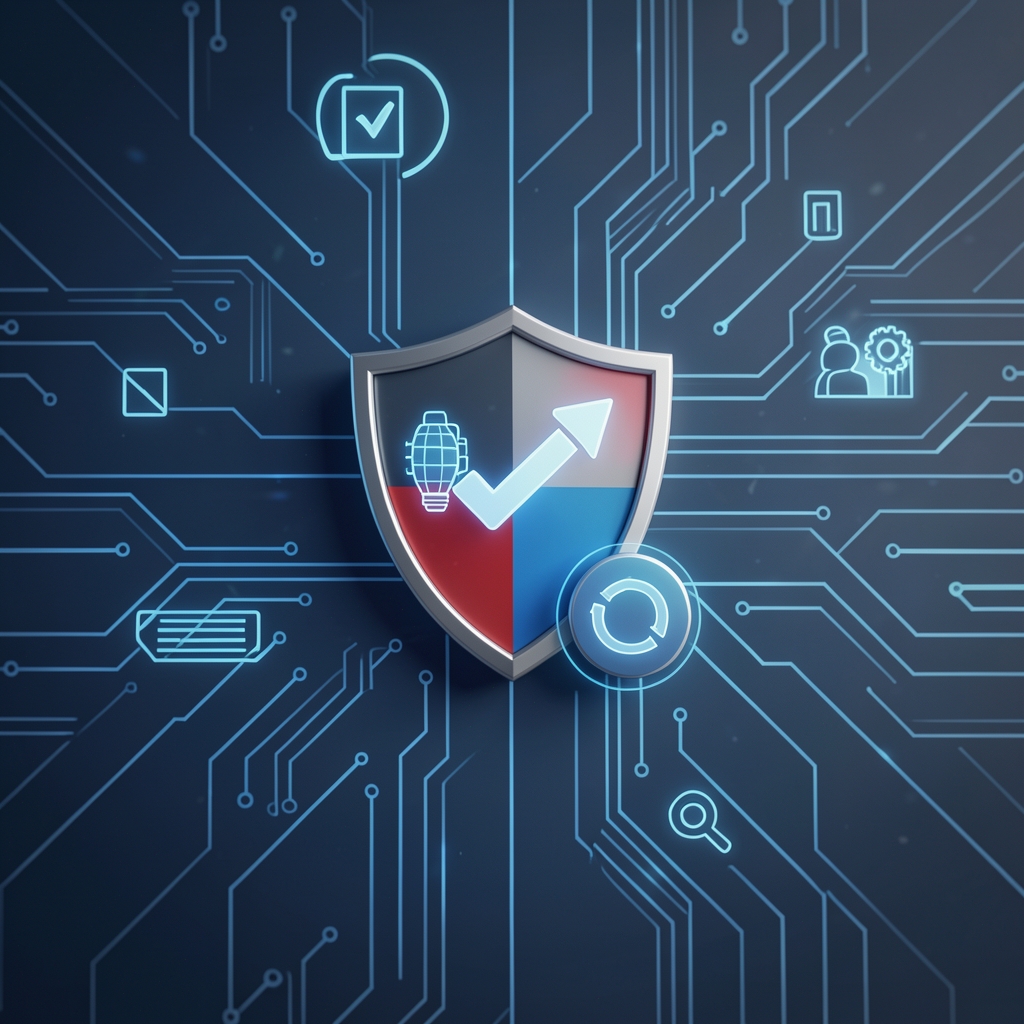 Panel abstracto de hábitos digitales con escudo, actualización y verificación sin personas