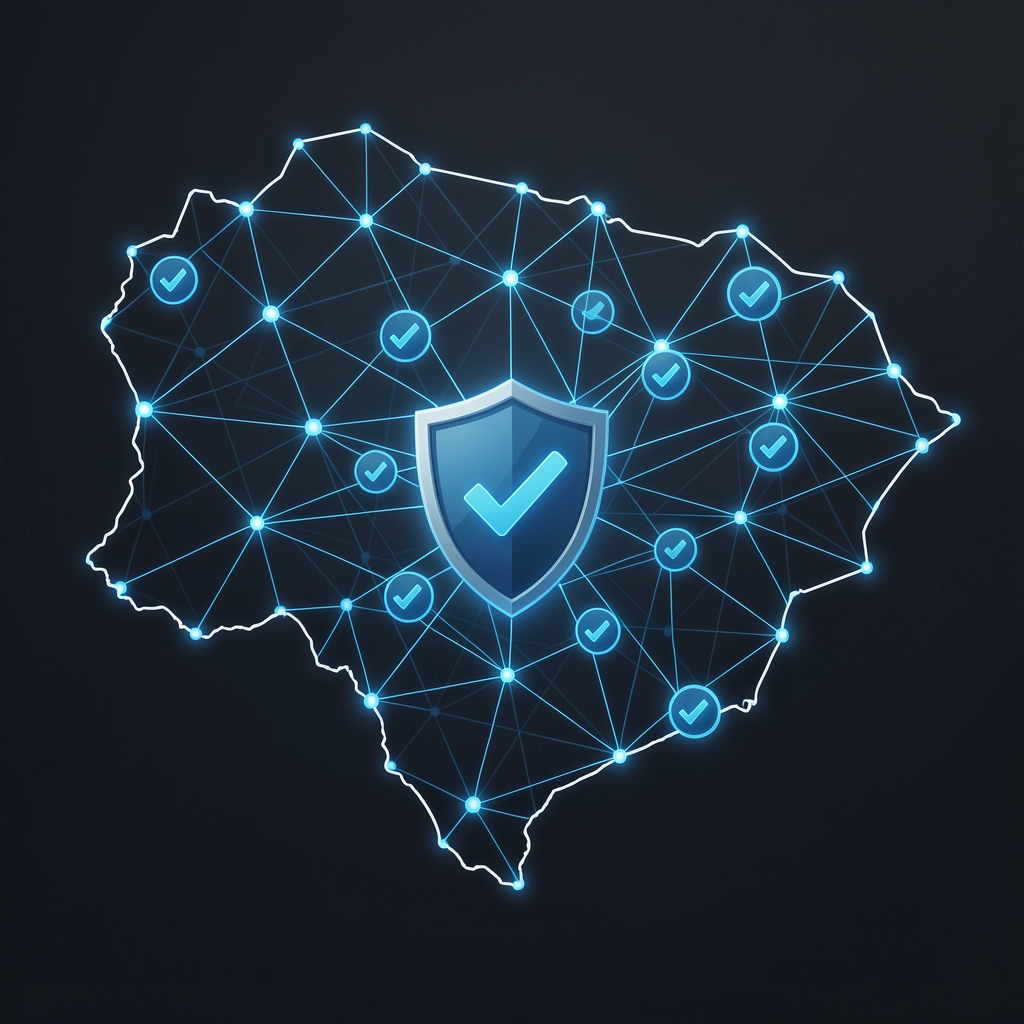 Mapa abstracto de conexiones digitales con nodos azules, escudo central y símbolos de verificación, sin personas