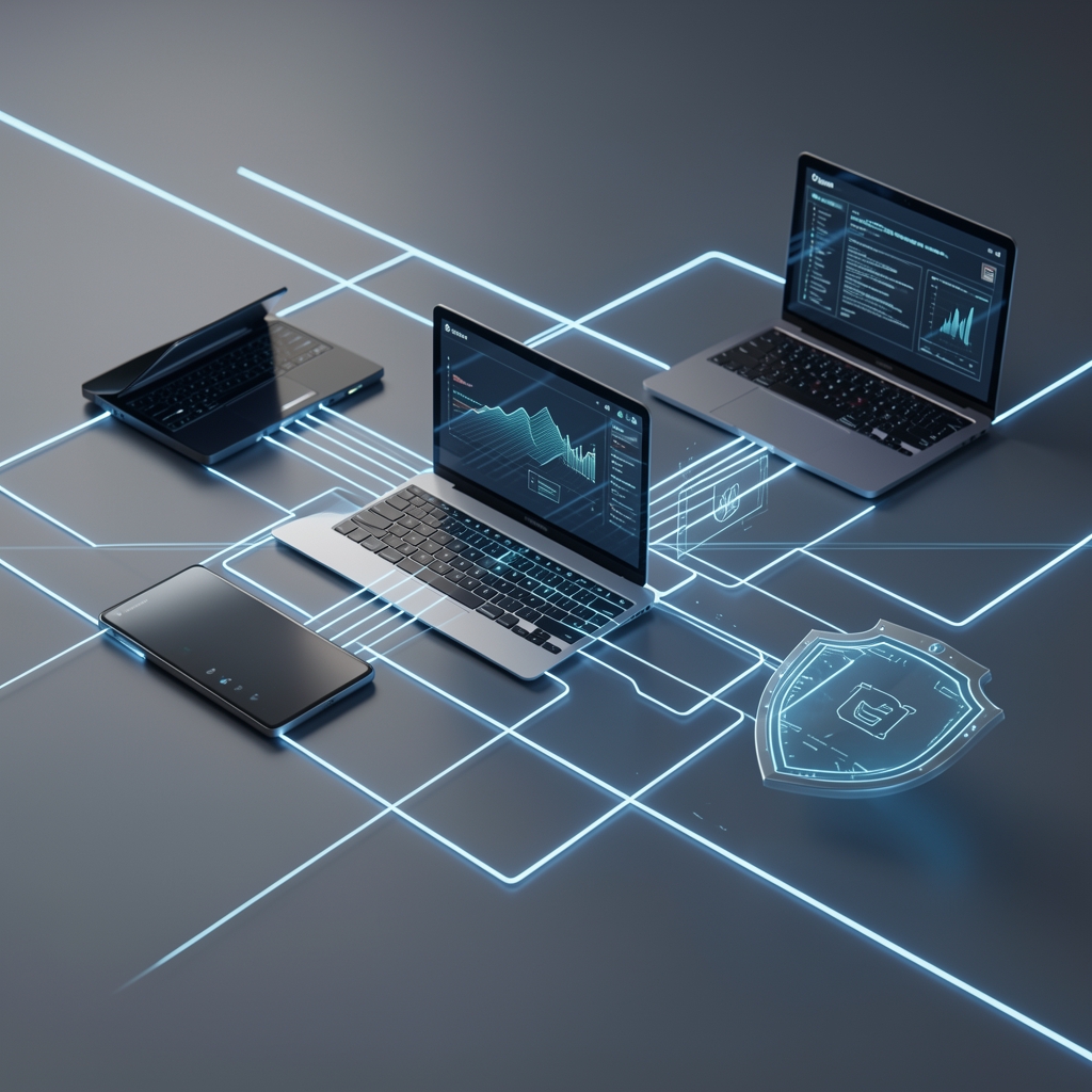 Dispositivos digitales abstractos conectados por líneas seguras y escudos sin personas