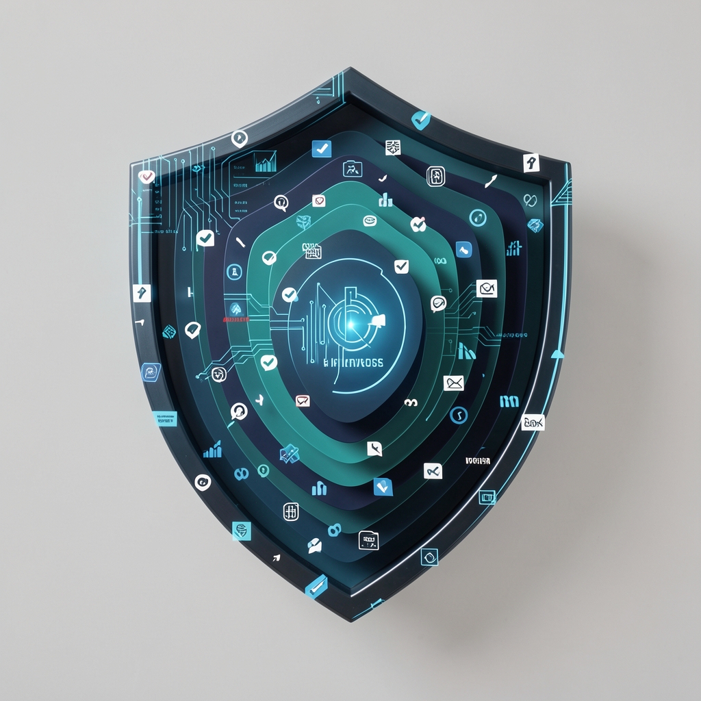 Escudo abstracto formado por capas de identidad digital y pequeñas marcas de verificación, sin personas