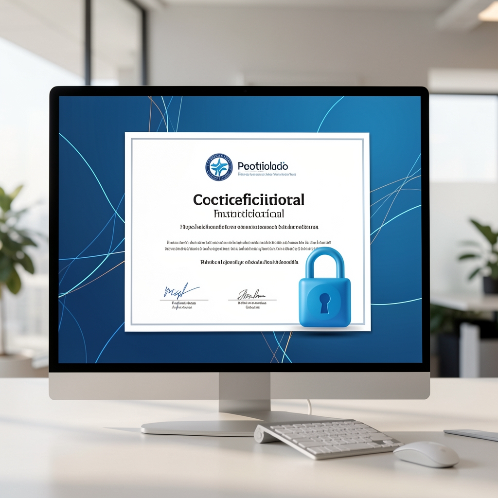 Portal institucional abstracto en una pantalla con certificado y candado azul sin personas