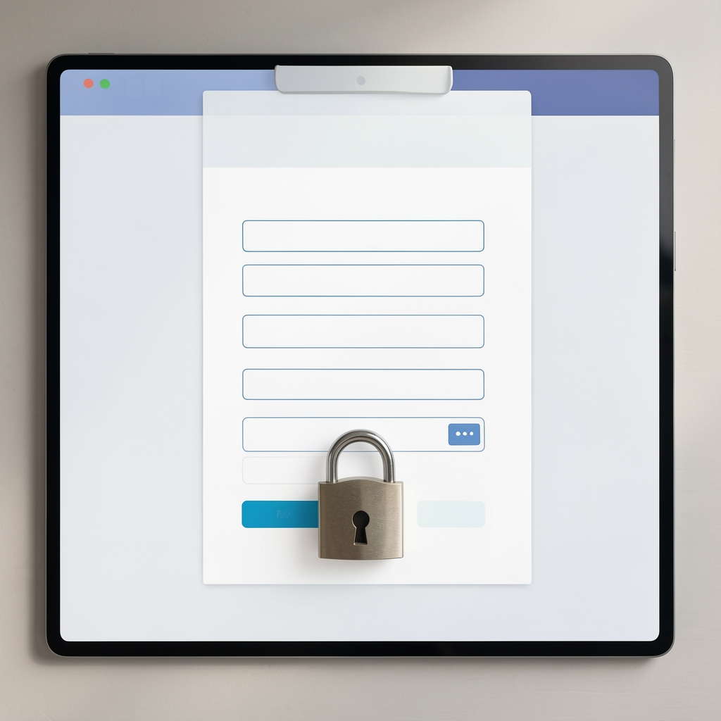Interfaz abstracta de un trámite online con formulario, sello de validación y candado, sin personas