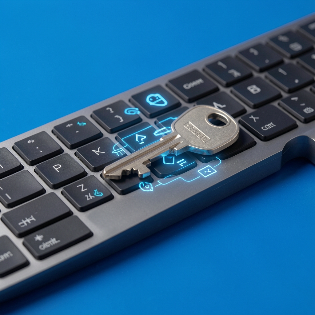 Teclado abstracto con una llave digital y símbolos de contraseña sobre fondo azul, sin personas