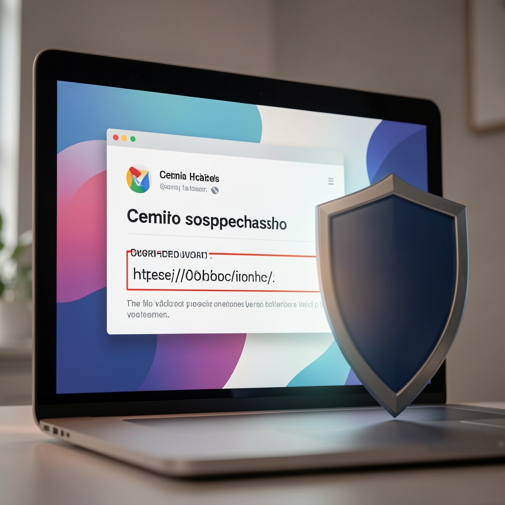 Pantalla abstracta con correo sospechoso, enlace resaltado y escudo de protección sin personas