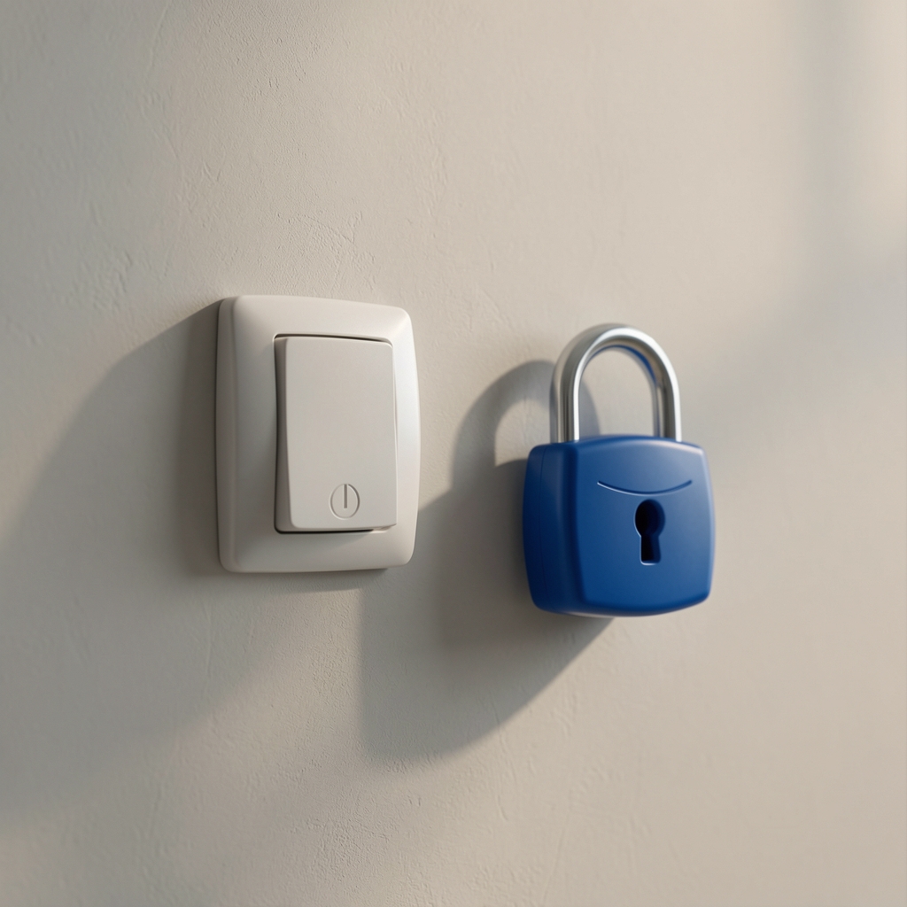 Configuración de privacidad abstracta con interruptores y candado azul sin personas