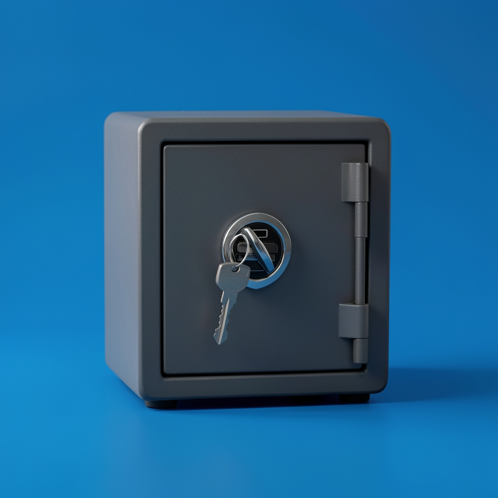 Caja fuerte digital abstracta con llave y capas de protección sobre fondo azul sin personas