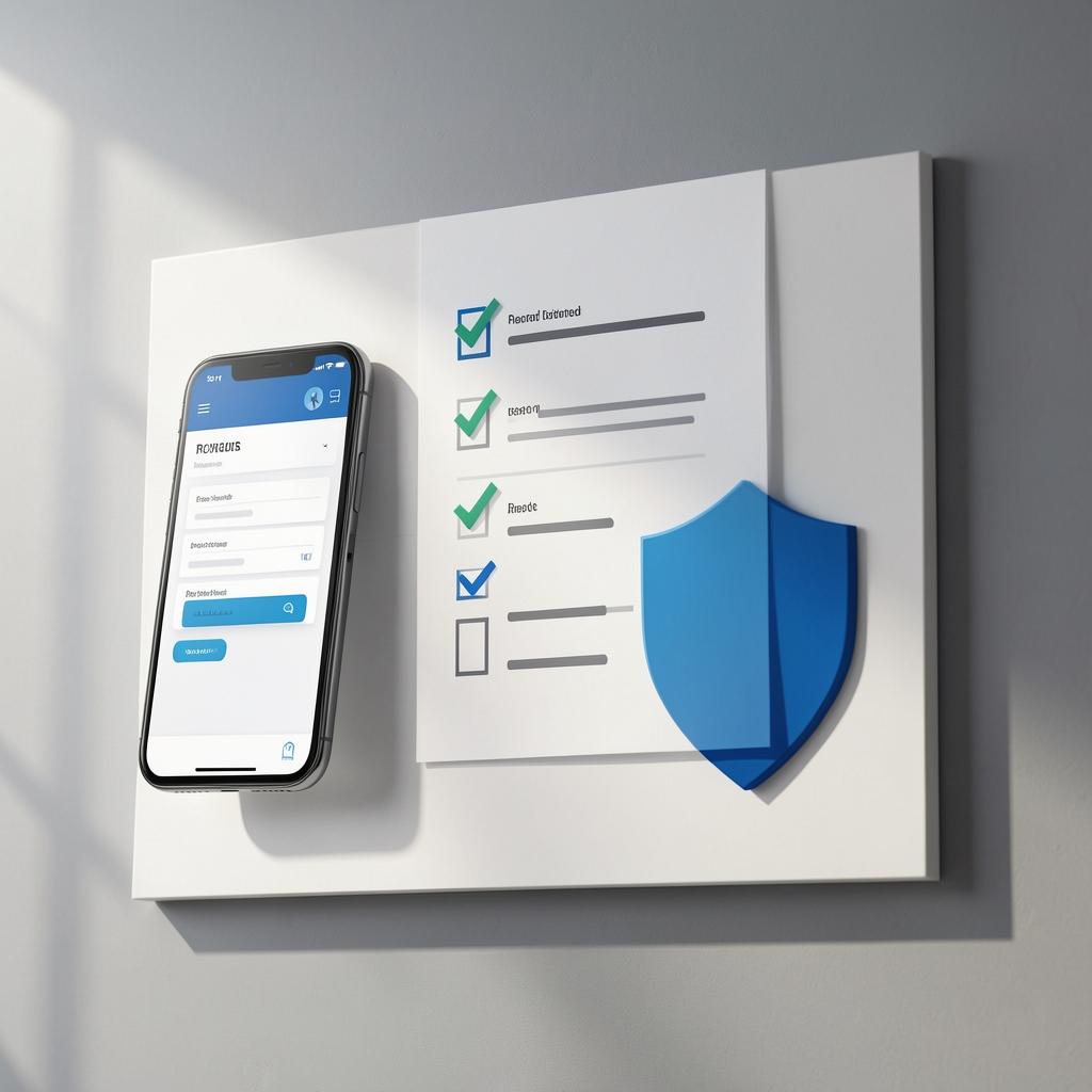 Panel abstracto de respuesta a incidentes con checklist, teléfono y escudo azul sin personas