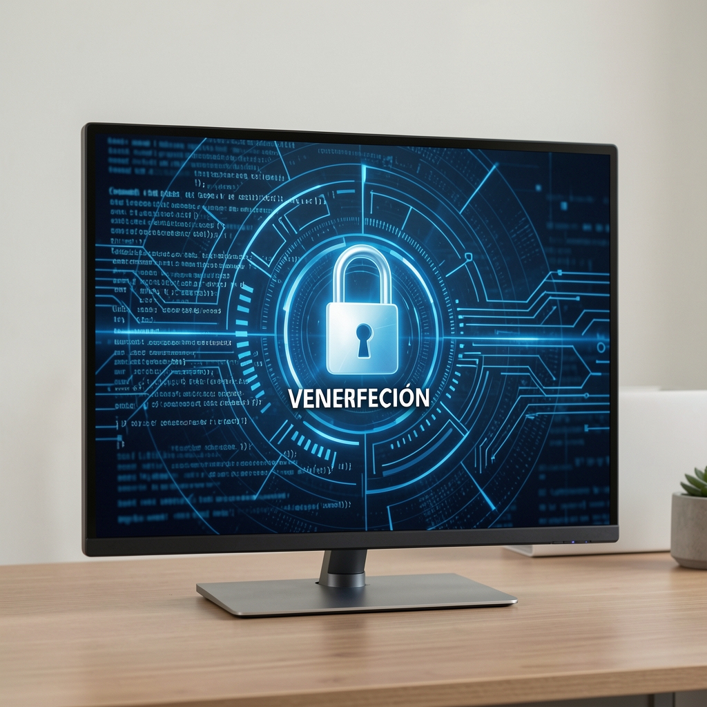 Pantalla abstracta con candado, aviso de verificación y capas de código azul, sin personas