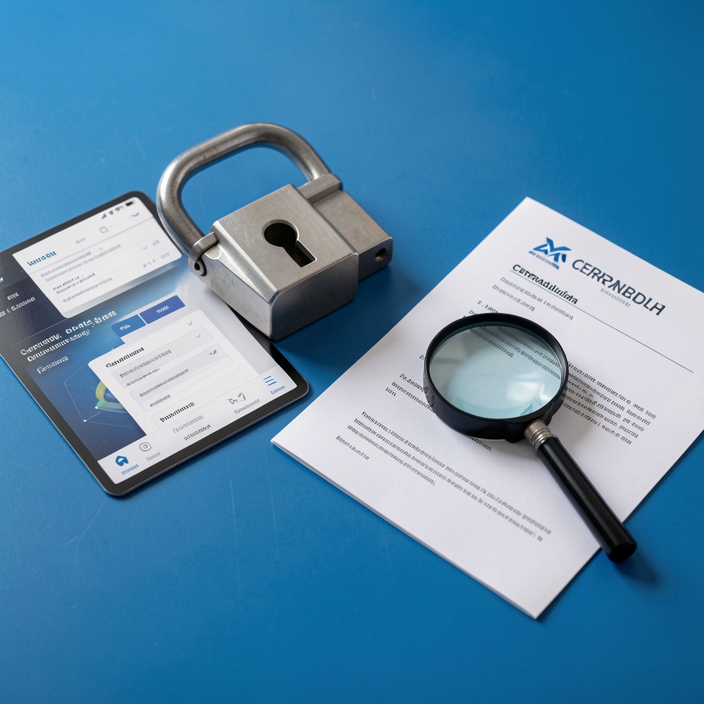 Cerradura abstracta junto a documentos digitales y una lupa sobre superficie azul, sin personas